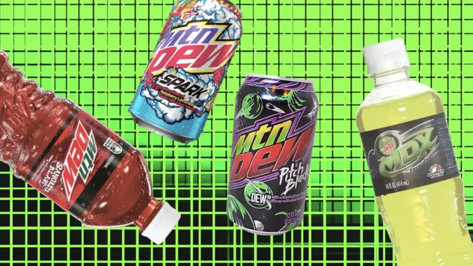 Discontinued Mountain Dew bottles and cans on green grid background