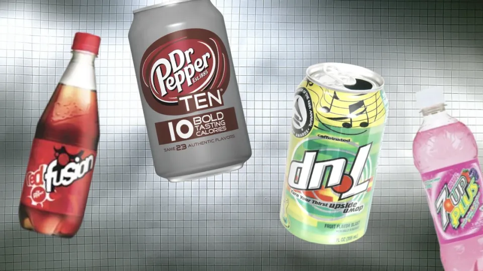 Dr Pepper Red Fusion, TEN, dnL and 7 Up Plus bottles and cans