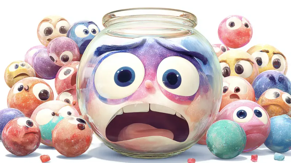 Cartoon jawbreaker candies with faces crowding a glass candy jar