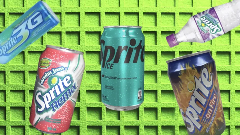 Vintage Sprite cans and bottles on a green grid background