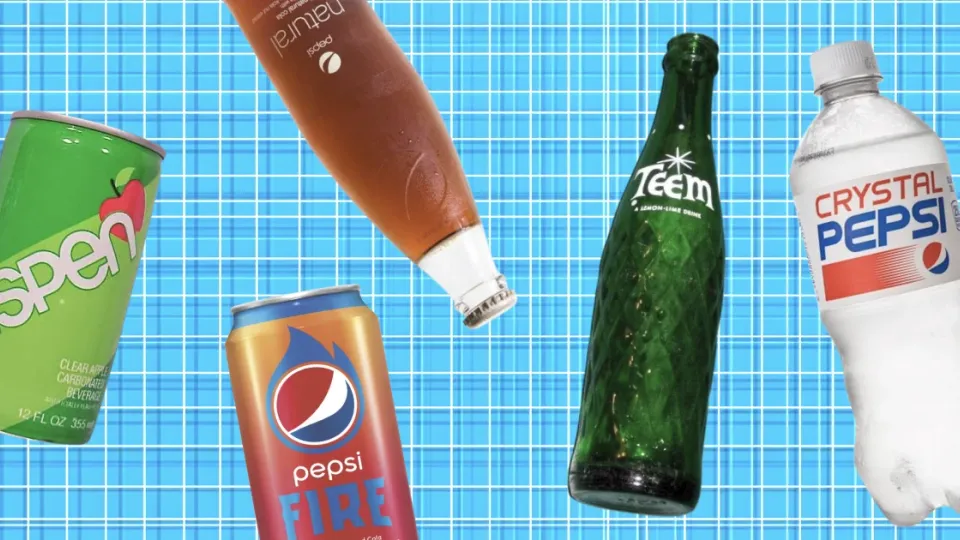 Aspen, Pepsi Natural, Pepsi Fire, Teem and Crystal Pepsi bottles collage