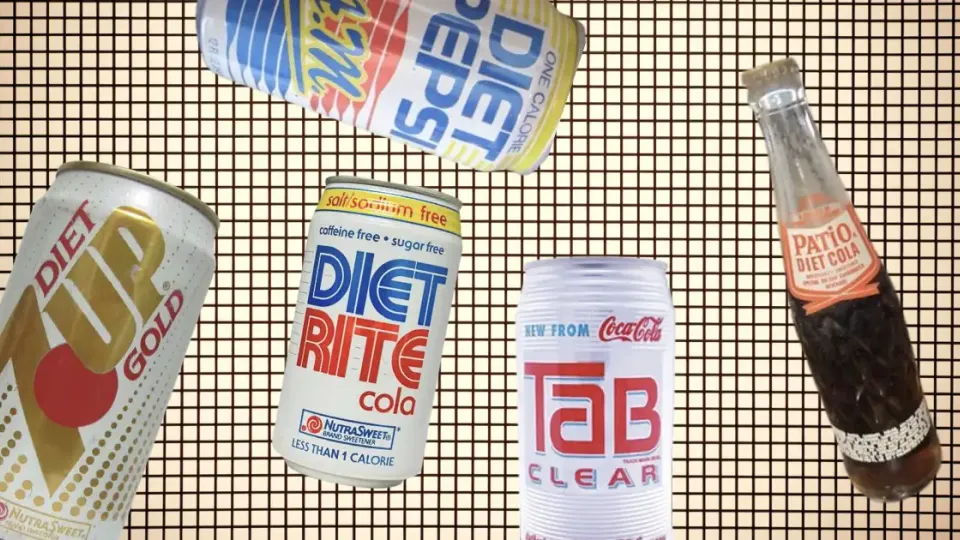 Vintage Diet Rite, Tab Clear, Diet 7Up Gold and Patio diet soda cans