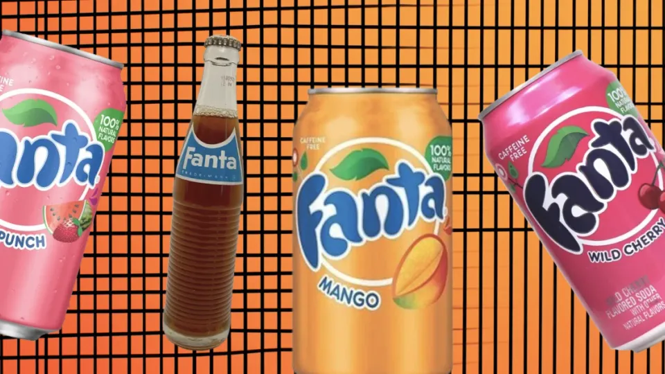 Fanta Fruit Punch, Mango and Wild Cherry cans with vintage bottle