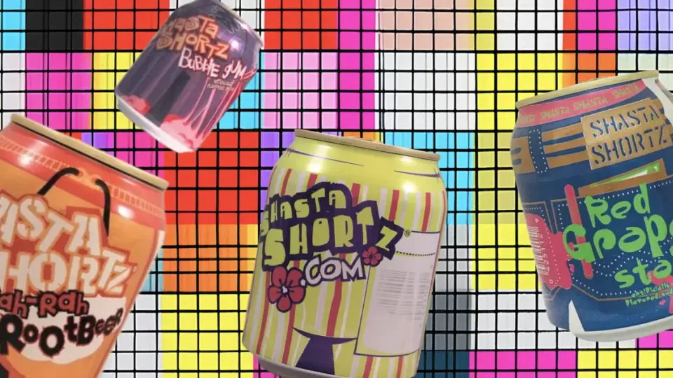 Four Shasta Shortz soda cans including Bubble Gum and Root Beer