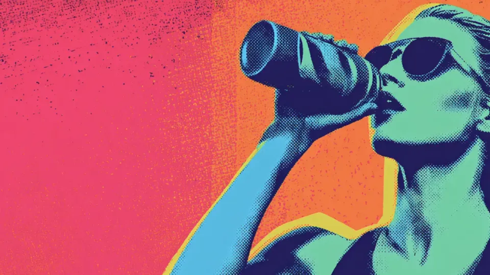 Halftone pop-art athlete in sunglasses drinking from a sports bottle