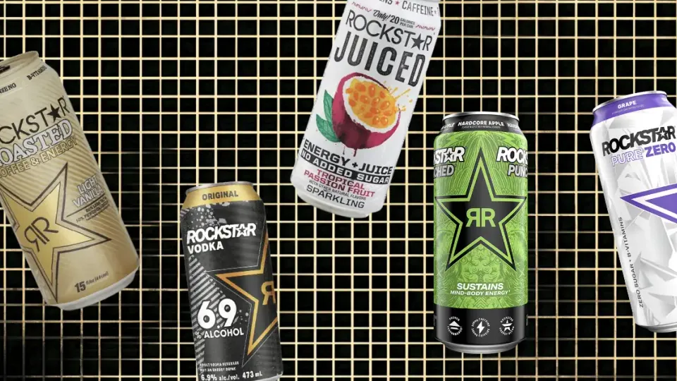Five Rockstar cans including Roasted, Vodka, Juiced, Punched and Pure Zero Grape