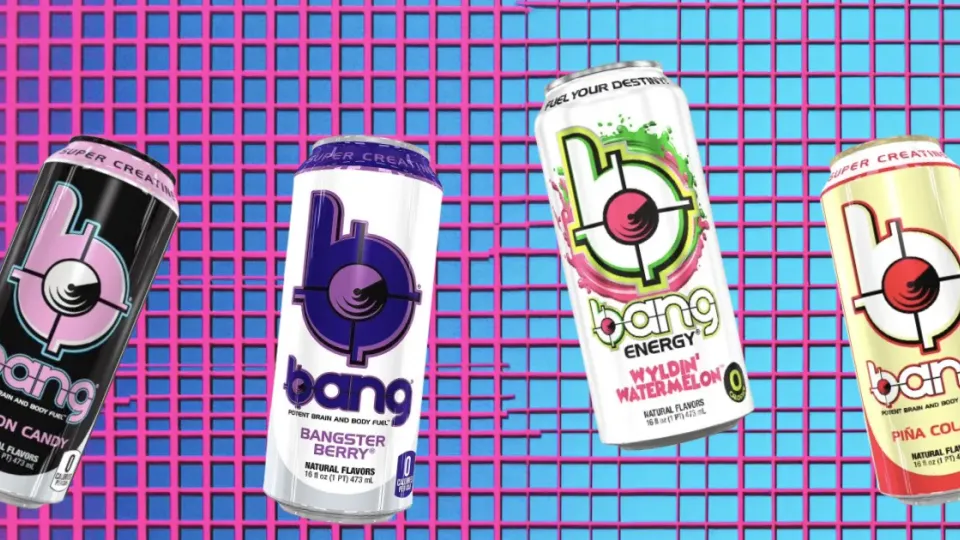 Four Bang Energy cans including Cotton Candy, Bangster Berry and Pina Colada