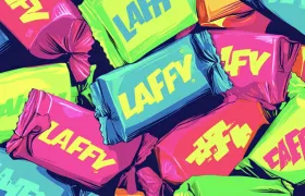 Illustrated pile of brightly colored taffy candy wrappers