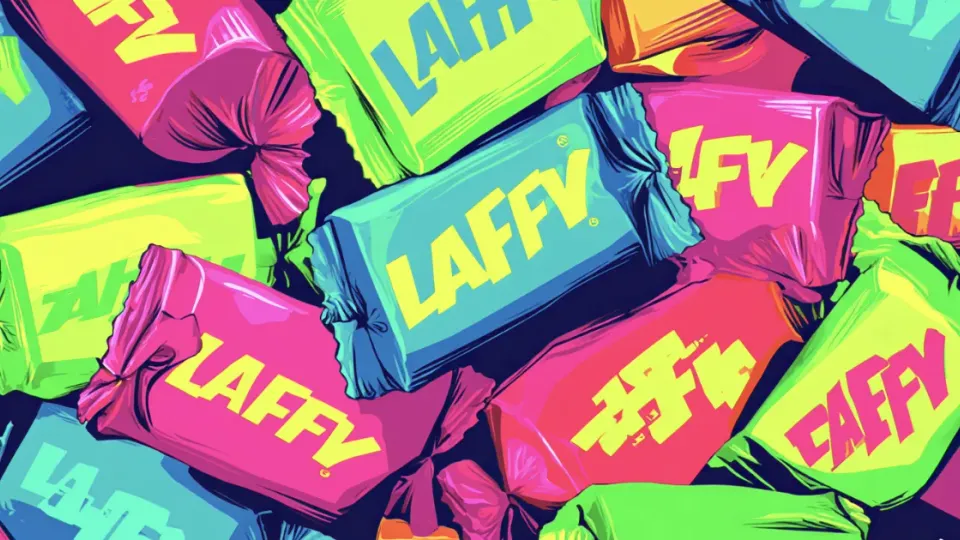 Illustrated pile of brightly colored taffy candy wrappers
