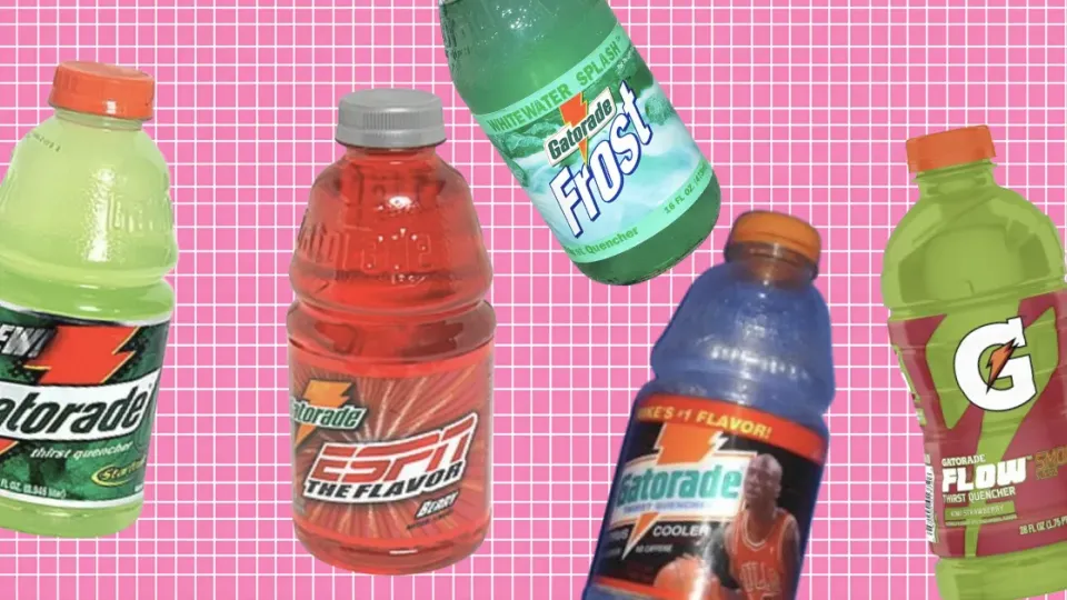 Vintage Gatorade bottles including Frost and ESPN on a pink grid