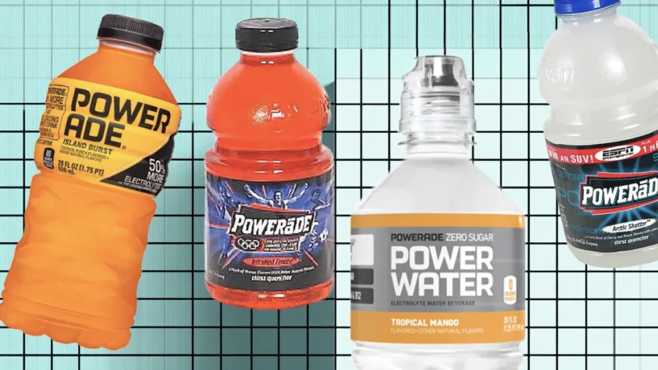 Four Powerade bottles including Island Burst, Arctic Shatter and Tropical Mango