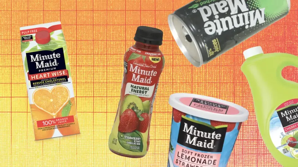 Discontinued Minute Maid products including Heart Wise carton, juice bottle and lemonade tub