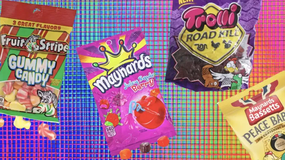 Fruit Stripe, Maynards, Trolli Road Kill and Peace Babies gummy bags