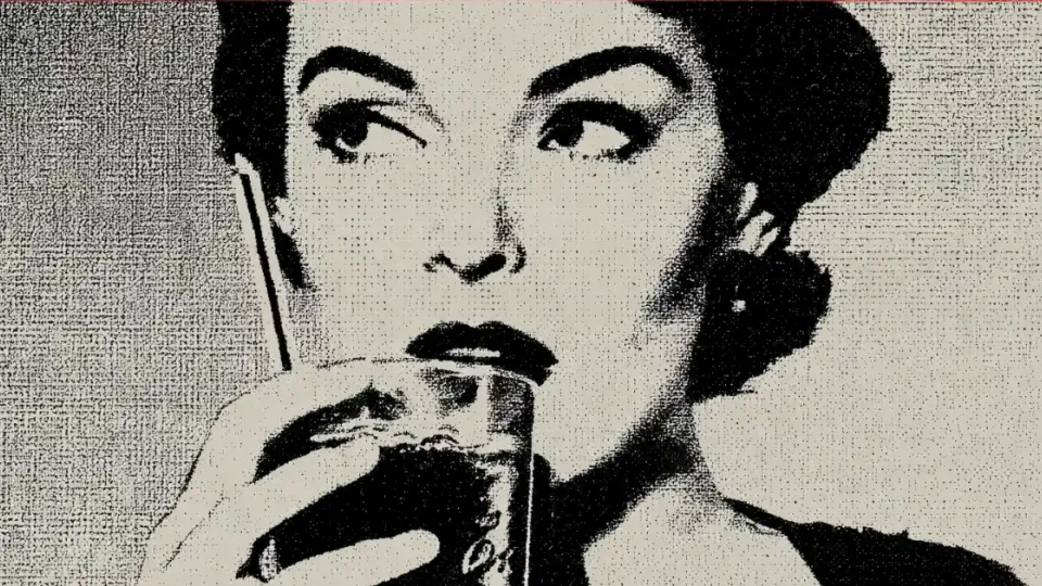 Halftone illustration of a woman drinking a glass of cola through a straw