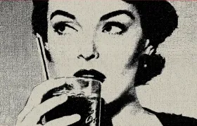 Halftone illustration of a woman drinking a glass of cola through a straw