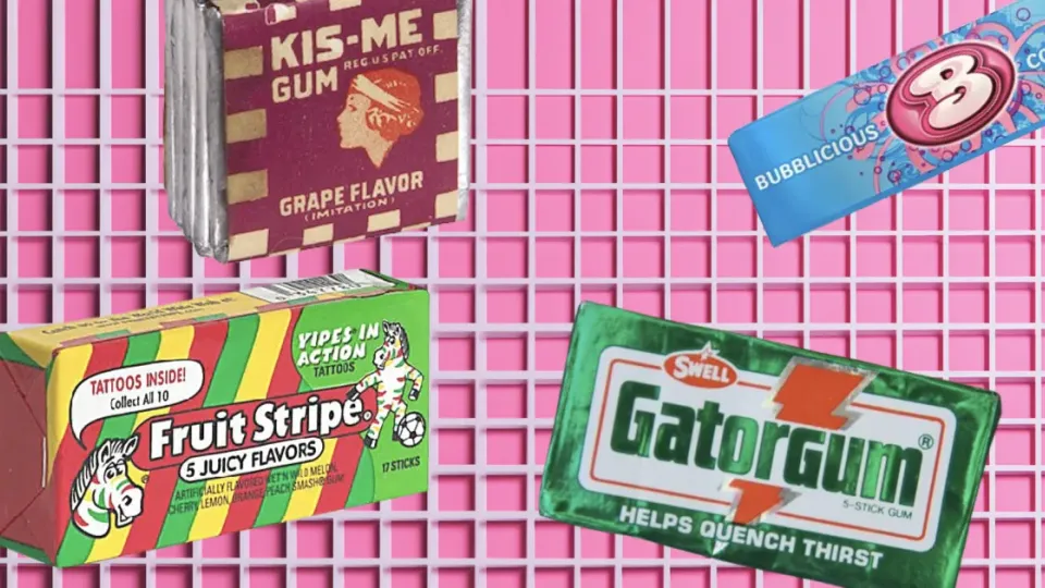 Vintage gum packs including Kis-Me, Fruit Stripe, Gatorgum and Bubblicious