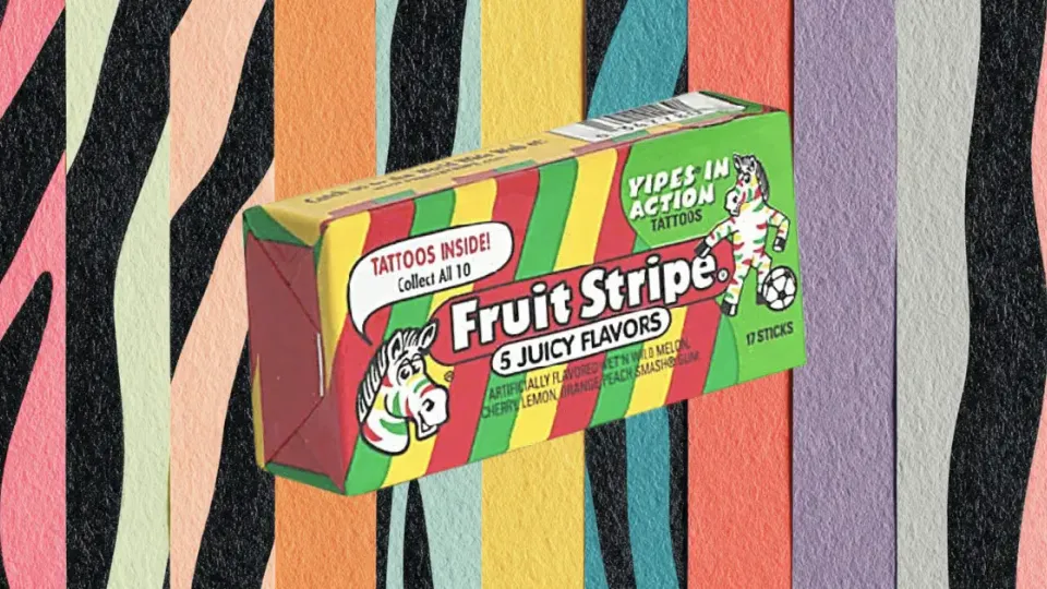 Fruit Stripe gum pack with Yipes the zebra mascot