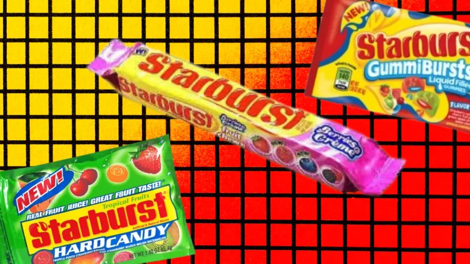 Starburst Hard Candy, fruit chews, and GummiBursts packages on grid background