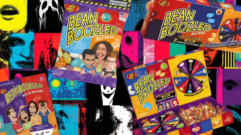 BeanBoozled jelly bean boxes and bags collage on pop art background