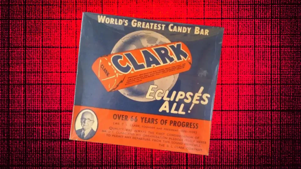 Vintage Clark Bar ad card reading World's Greatest Candy Bar