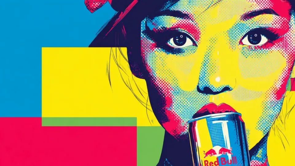 Pop art illustration of woman drinking from a Red Bull can