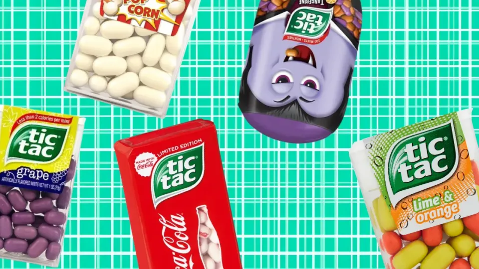 Assorted Tic Tac packs grape popcorn tangerine Coca-Cola lime orange on teal grid