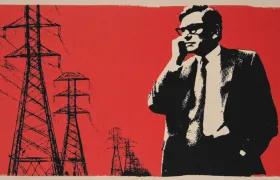 Red screenprint of an executive beside electrical transmission towers