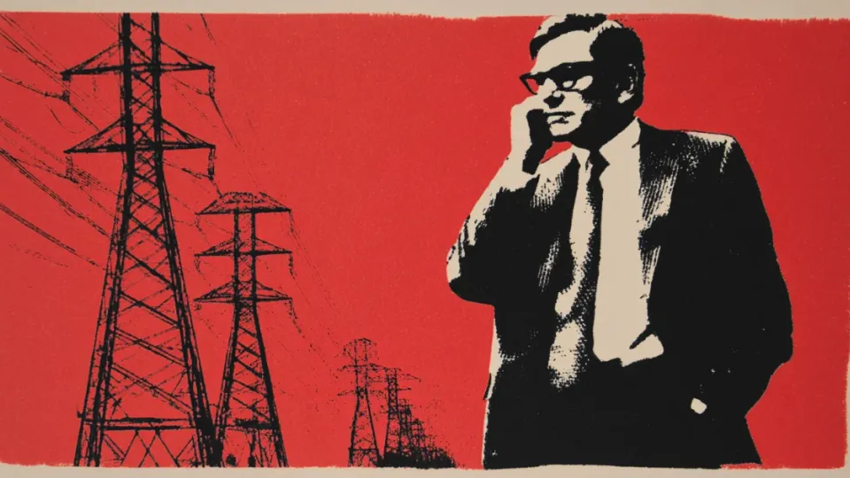 Red screenprint of an executive beside electrical transmission towers