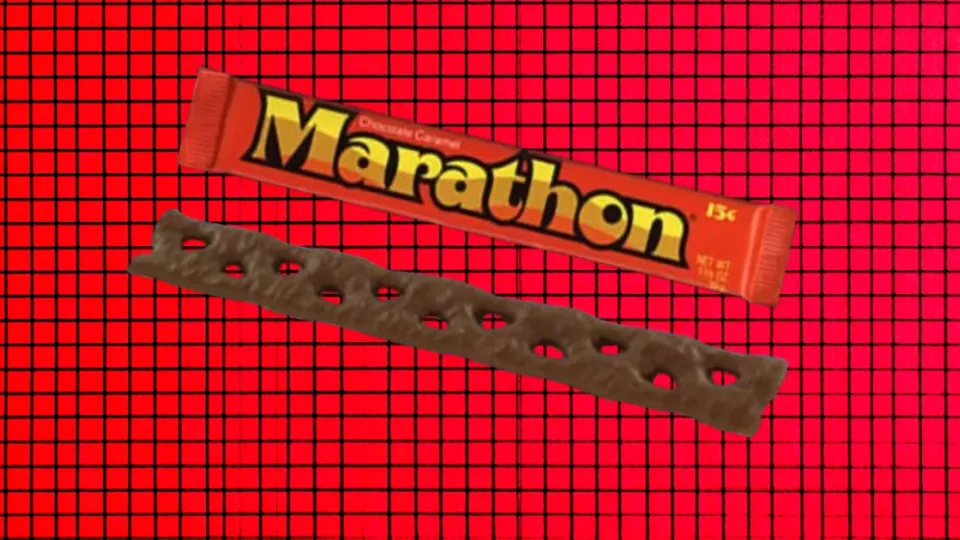 Marathon candy bar wrapper and braided chocolate caramel bar