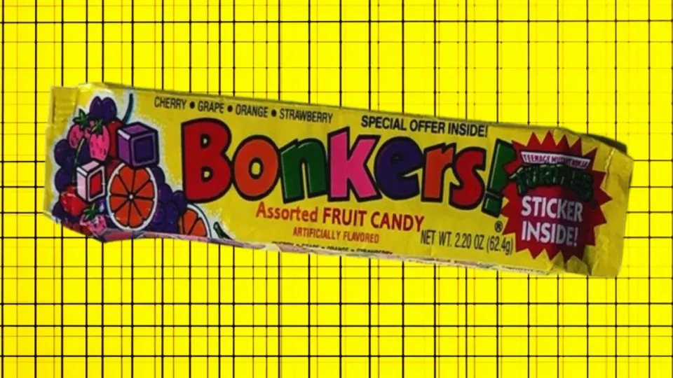 Bonkers assorted fruit candy bar wrapper with Ninja Turtles sticker offer