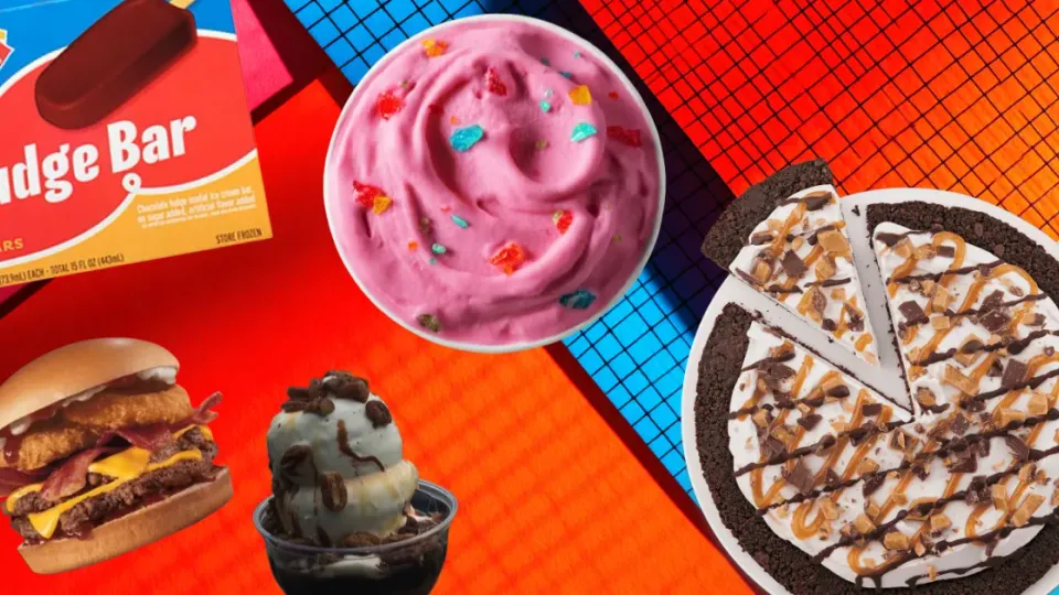 Dairy Queen Fudge Bar box, burger, sundae, Blizzard, and Treatzza Pizza