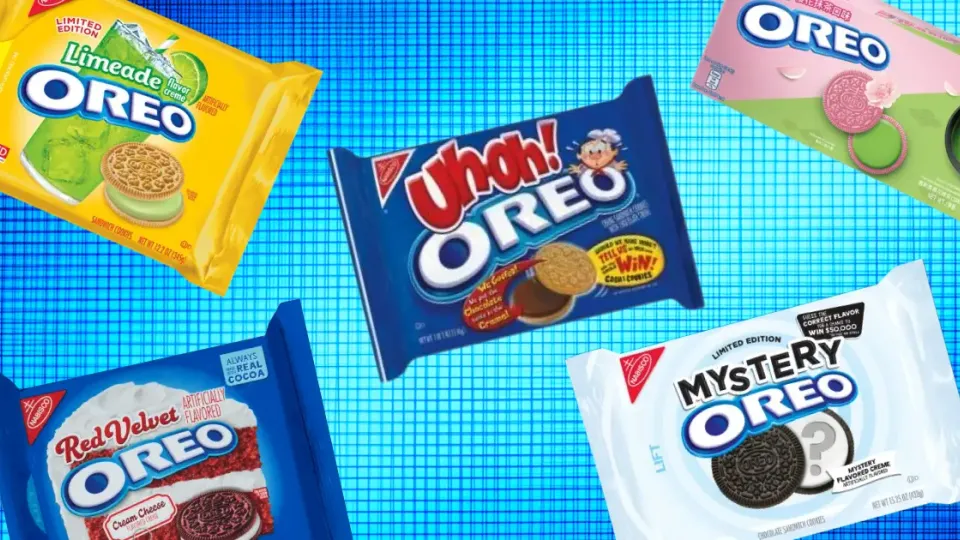 Oreo packages including Limeade, Red Velvet, Uh Oh, and Mystery flavors