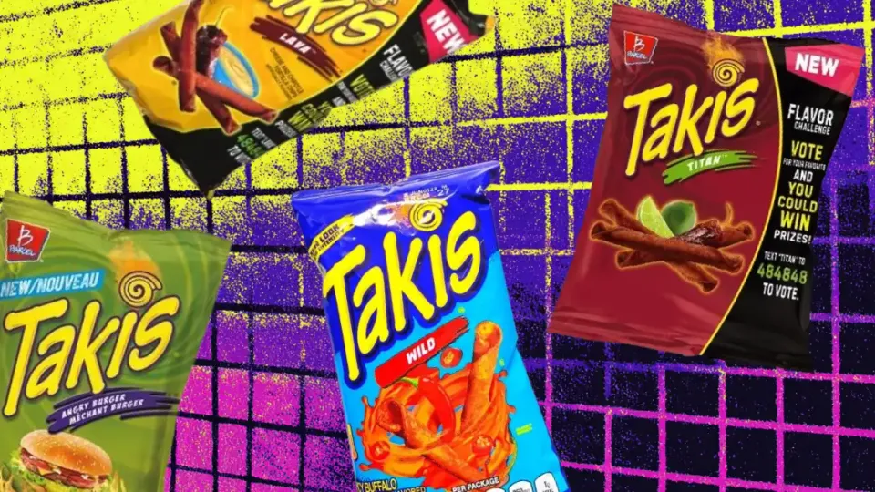 Four discontinued Takis bags: Wild, Lava, Titan and Angry Burger