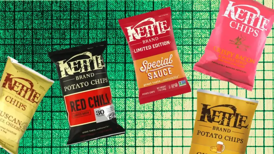 Five Kettle Brand potato chip bags including Red Chili and Special Sauce