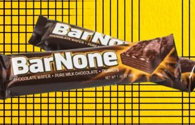 Two BarNone chocolate wafer candy bar wrappers on a yellow grid background