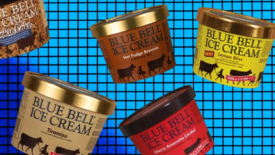 Five Blue Bell ice cream half-gallon cartons on blue grid background