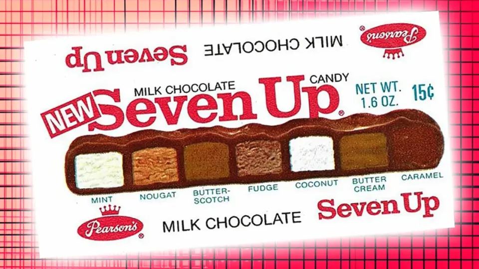Pearson's Seven Up candy bar wrapper showing its seven labeled fillings