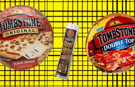Tombstone Original and Double Top frozen pizza boxes with beef jerky