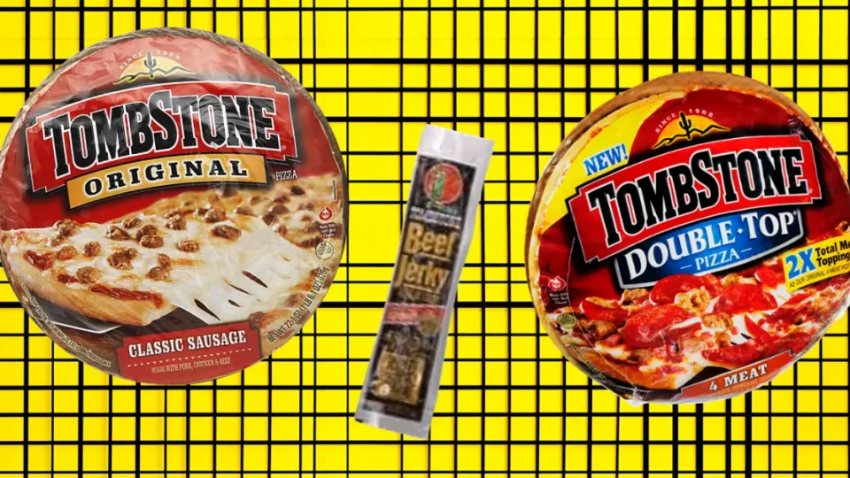 Tombstone Original and Double Top frozen pizza boxes with beef jerky