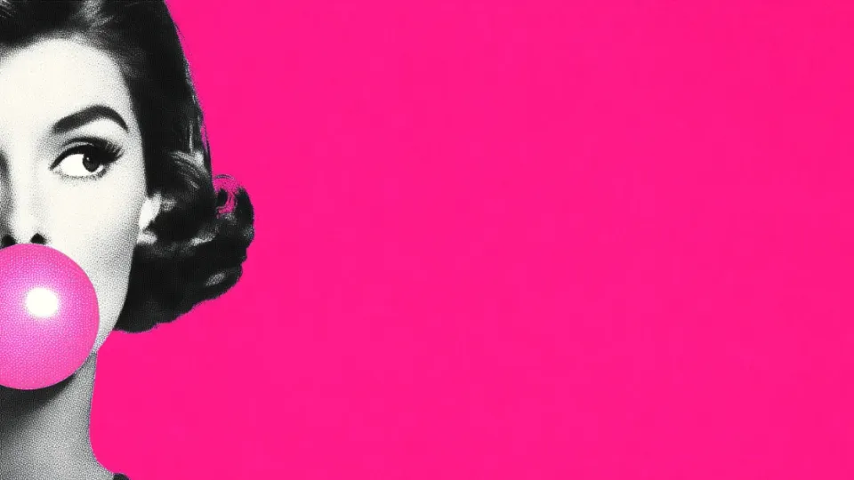 Vintage halftone woman blowing a pink bubble gum bubble on pink background