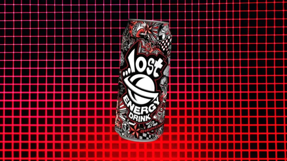 Lost Energy Drink can with graffiti artwork on a red grid