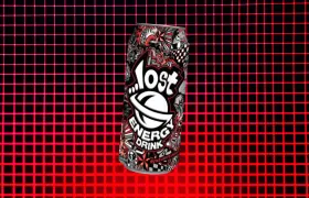 Lost Energy Drink can with graffiti artwork on a red grid
