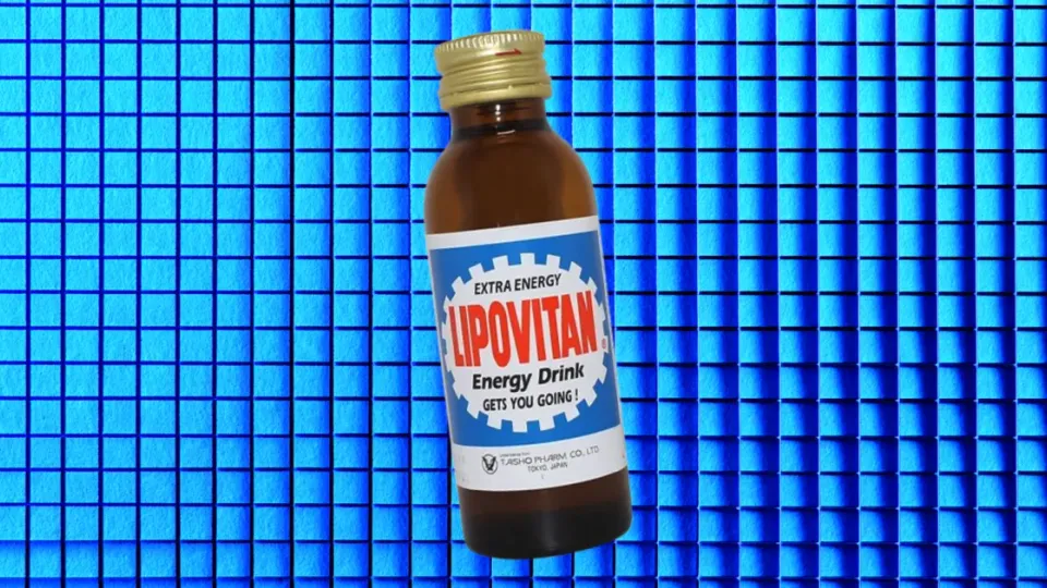 Brown glass Lipovitan energy drink bottle with blue and red label
