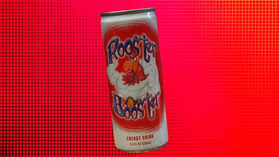 Rooster Booster energy drink can with muscular cartoon rooster mascot