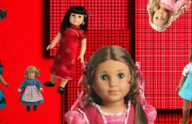 Collage of retired American Girl dolls on red plaid backgrounds