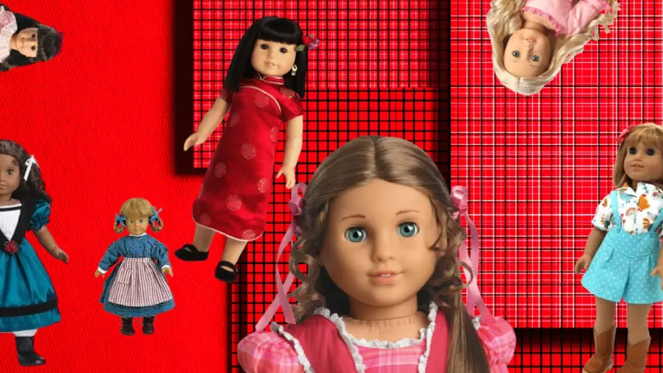 Collage of retired American Girl dolls on red plaid backgrounds