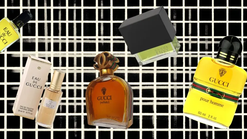 Vintage Gucci perfume bottles including Eau de Gucci, Envy and Pour Homme