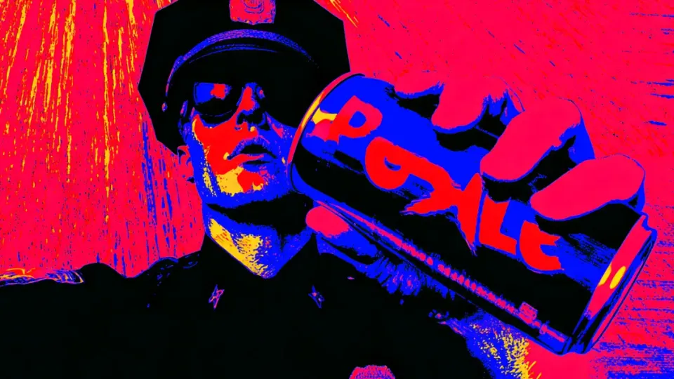 Police officer holding an energy drink can, pop-art illustration