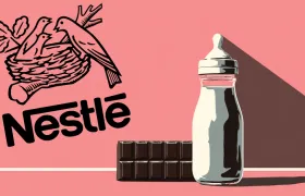 Nestlé bird's-nest logo beside a baby bottle and dark chocolate bar