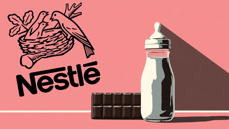 Nestlé bird's-nest logo beside a baby bottle and dark chocolate bar